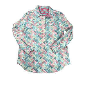 Tizzie Button Up Shirt Womens Size M Linen Blend Geometric Tunic Boho Top